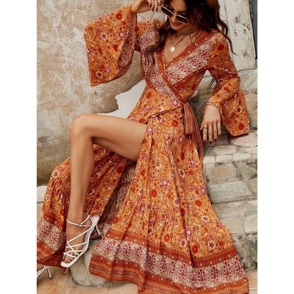 Dresses & Skirts - Boho long sleeve orange Floral Print Bell Sleeve Tie Front Wrap Dress maxi dress